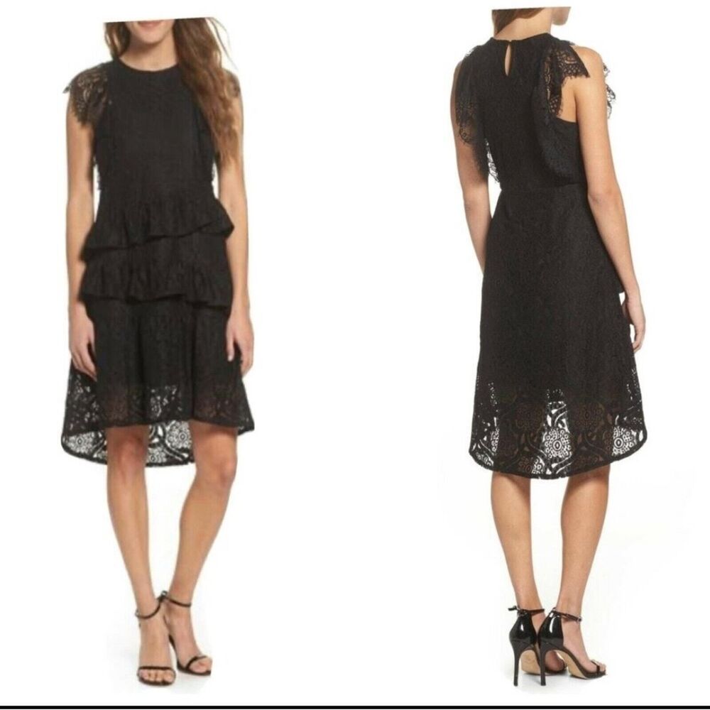 Foxiedox All Over Lace Tiered Ruffle Sleeveless Hi-Low Lined Black Dress Small